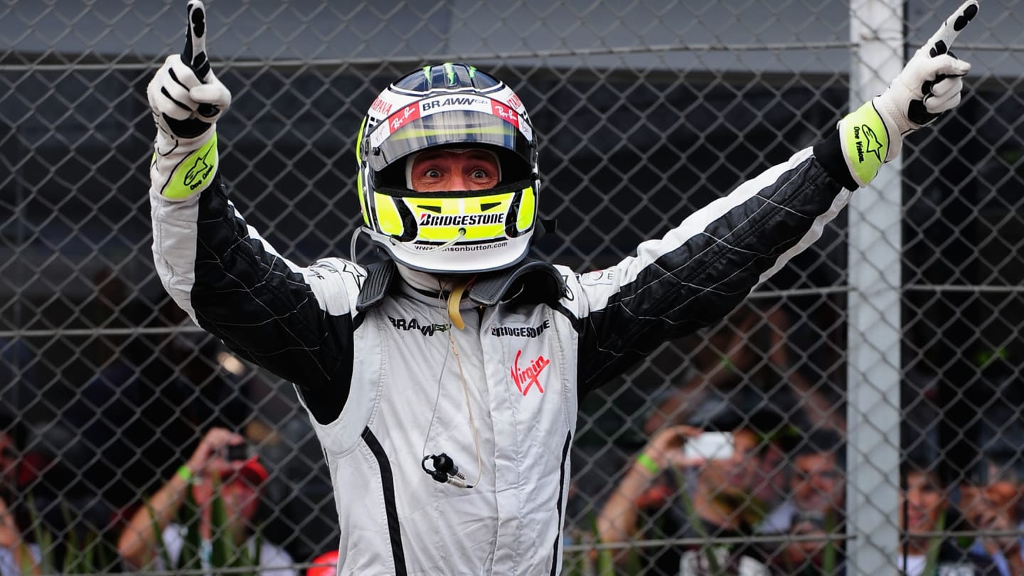 SAO PAULO, BRAZIL - OCTOBER 18:  Jenson Button of Great Britain and Brawn GP celebrates in parc